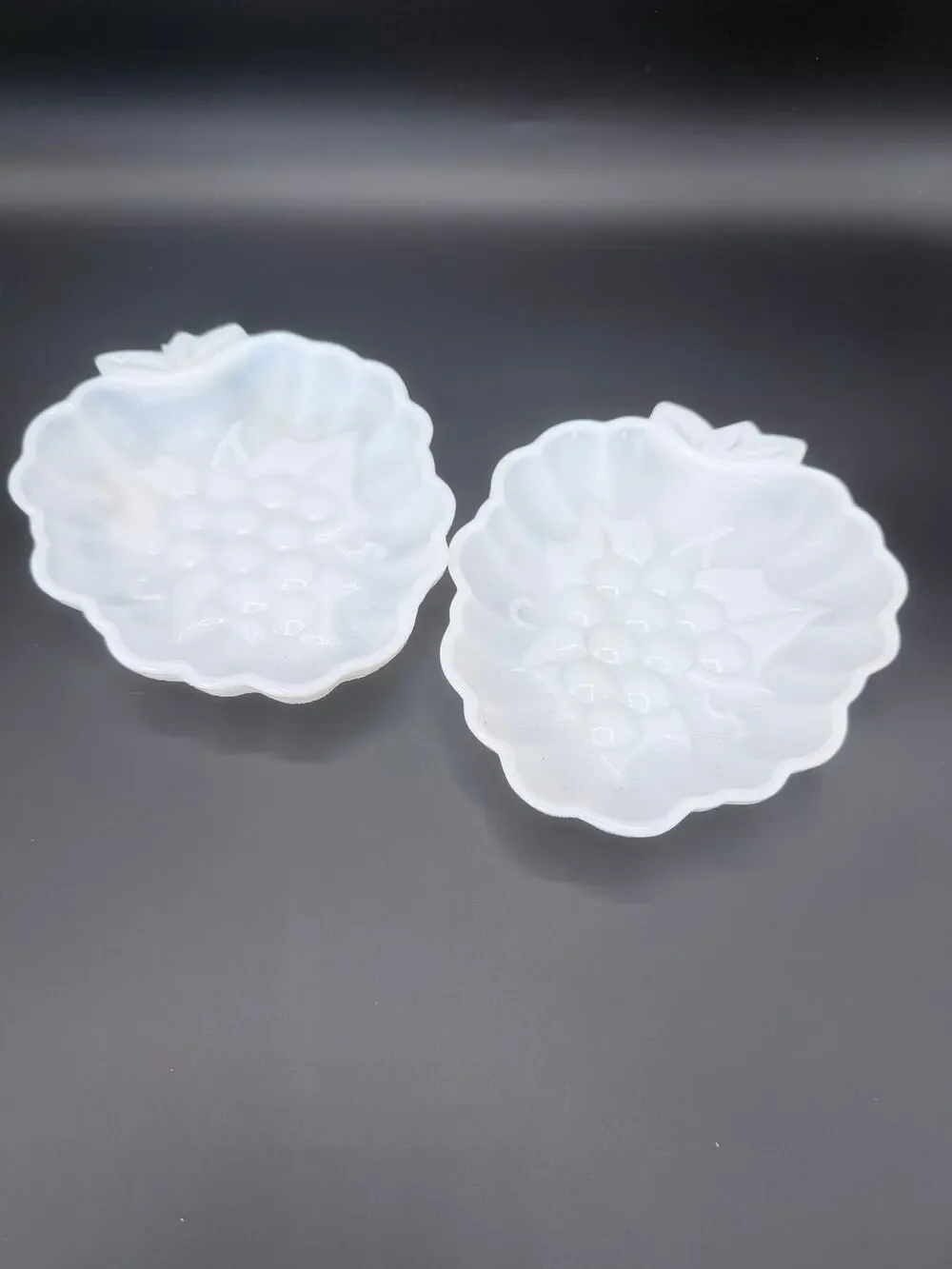 Vintage Hazel Atlas Milk Glass Grape Cluster Relish Candy Dishes Pair 7in